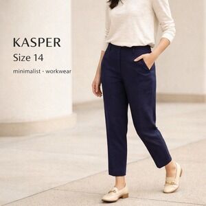 Kasper Linen Blend Pants Womens 14 Navy Straight Leg Dress Trousers Tailored